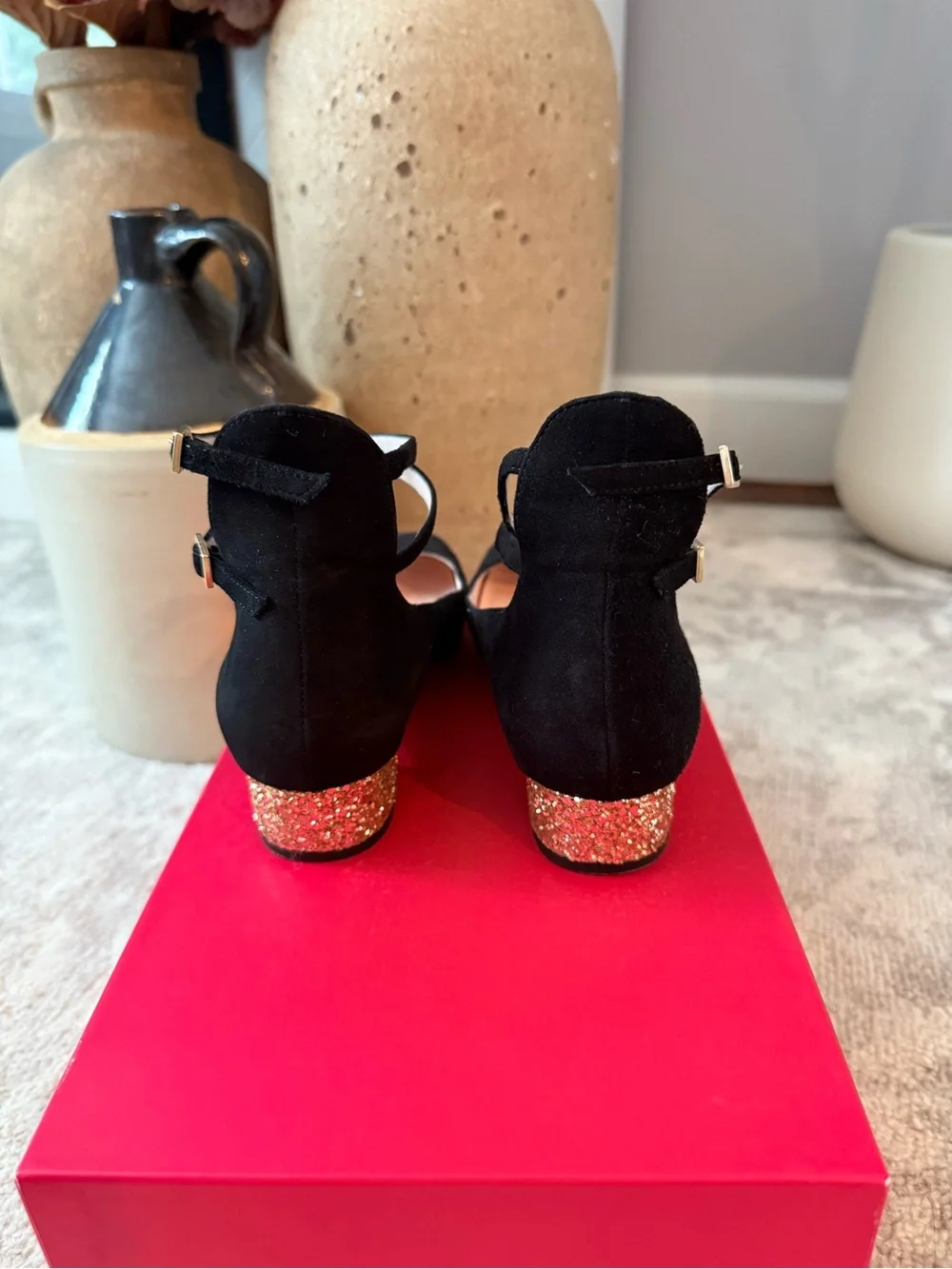Kate Spade Marcellina Black Suede Ankle-Strap Block Heel with Gold Glitter